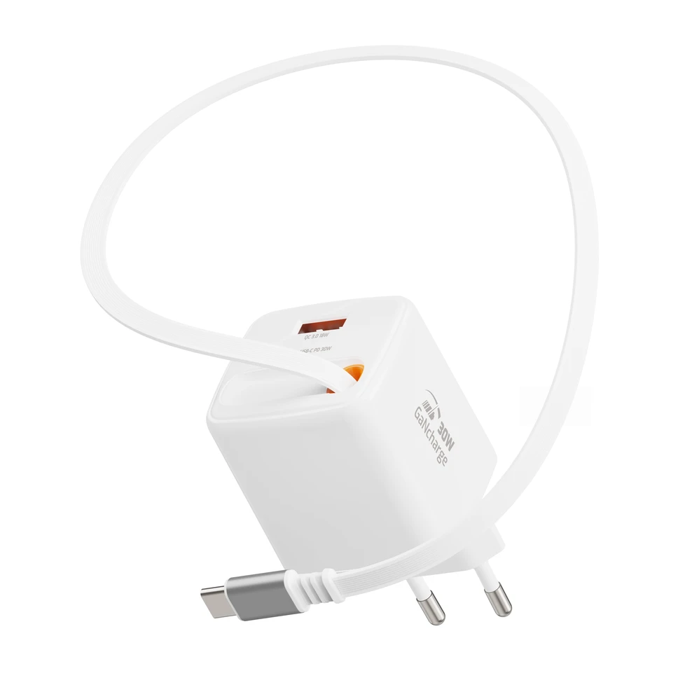 Įkroviklis Swissten SlideCHARGE maitinimo įkroviklis GaN 30W USB-A 18W su ištraukiamu USB-C laidu 0.75m baltas