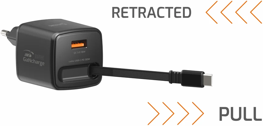 Įkroviklis Swissten SlideCHARGE GaN Adapteris sieciowy 1 USB-A 1 USB-C 30W