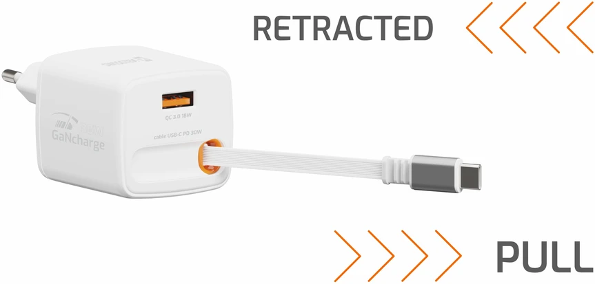 Įkroviklis Swissten SlideCHARGE maitinimo įkroviklis GaN 30W USB-A 18W su ištraukiamu USB-C laidu 0.75m baltas
