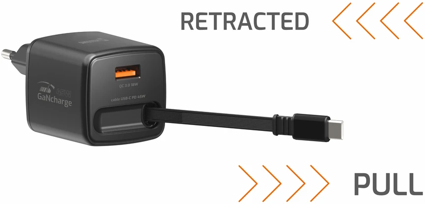 Įkroviklis Swissten SWISSTEN Adapteris sieciowy SlideCHARGE GaN 45W, 1 port, su kablem USB-C