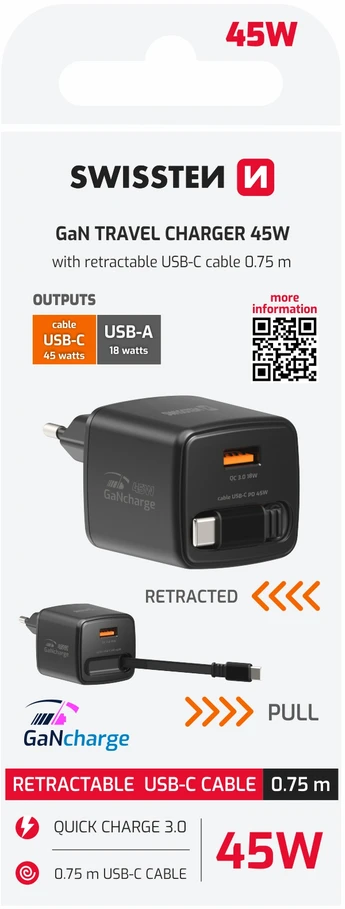 Įkroviklis Swissten SWISSTEN Adapteris sieciowy SlideCHARGE GaN 45W, 1 port, su kablem USB-C