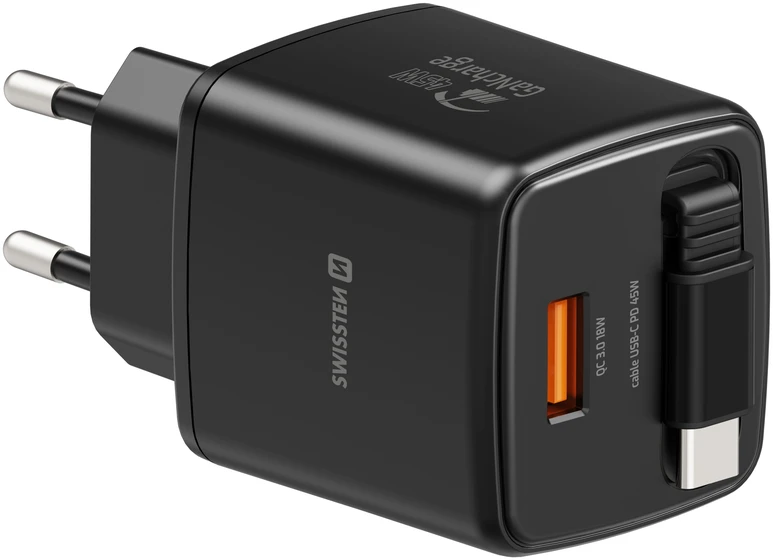 Įkroviklis Swissten SWISSTEN Adapteris sieciowy SlideCHARGE GaN 45W, 1 port, su kablem USB-C