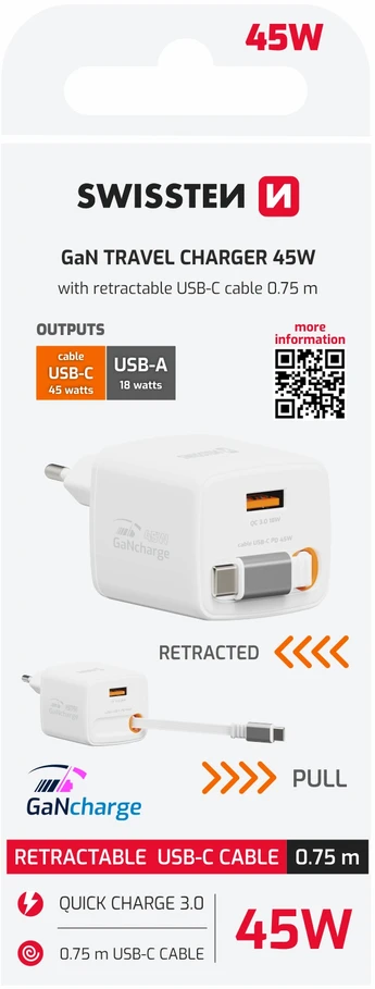 Įkroviklis Swissten SWISSTEN Adapteris sieciowy SlideCHARGE GaN 45W, 1 port, su kablem USB-C