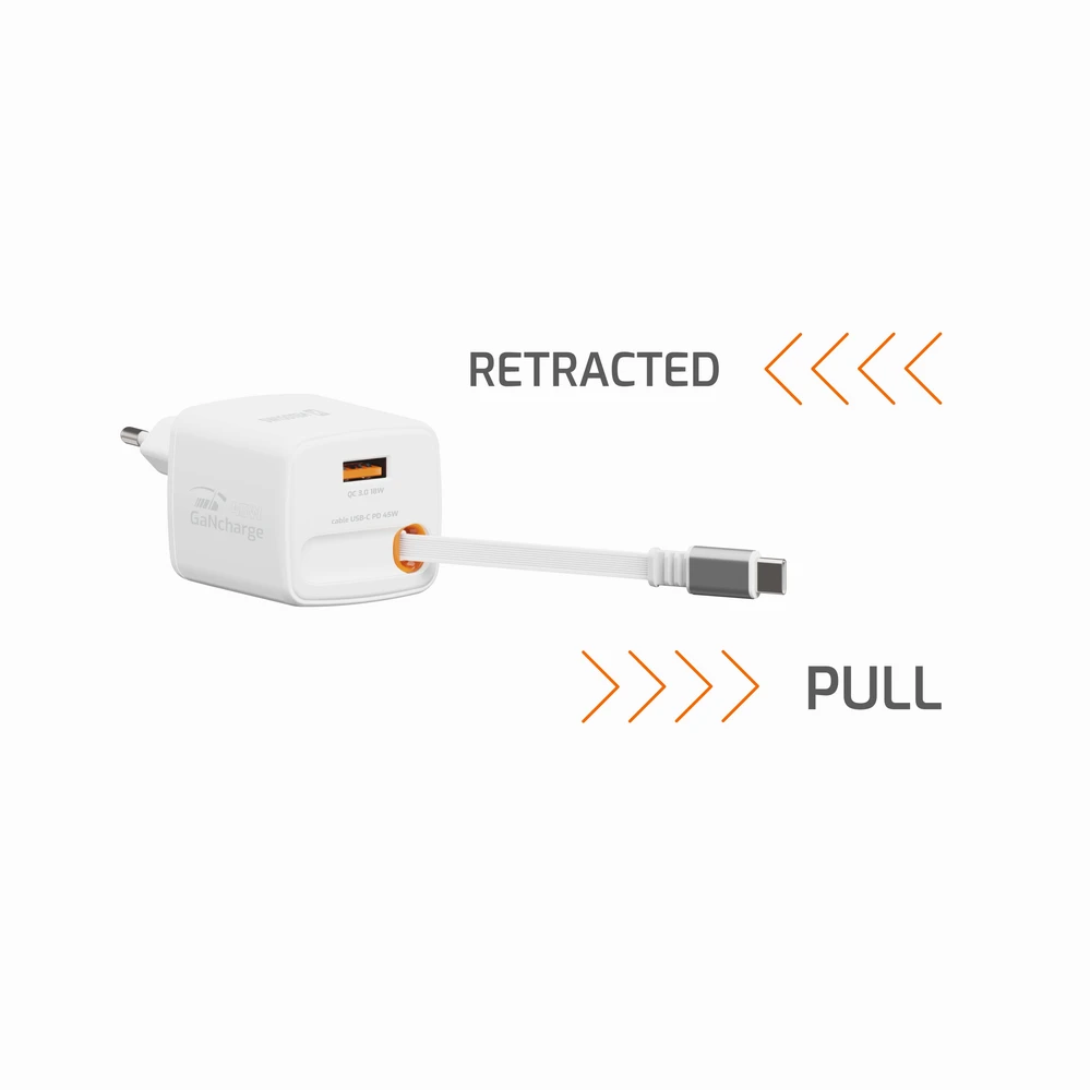 Įkroviklis Swissten SWISSTEN Adapteris sieciowy SlideCHARGE GaN 45W, 1 port, su kablem USB-C