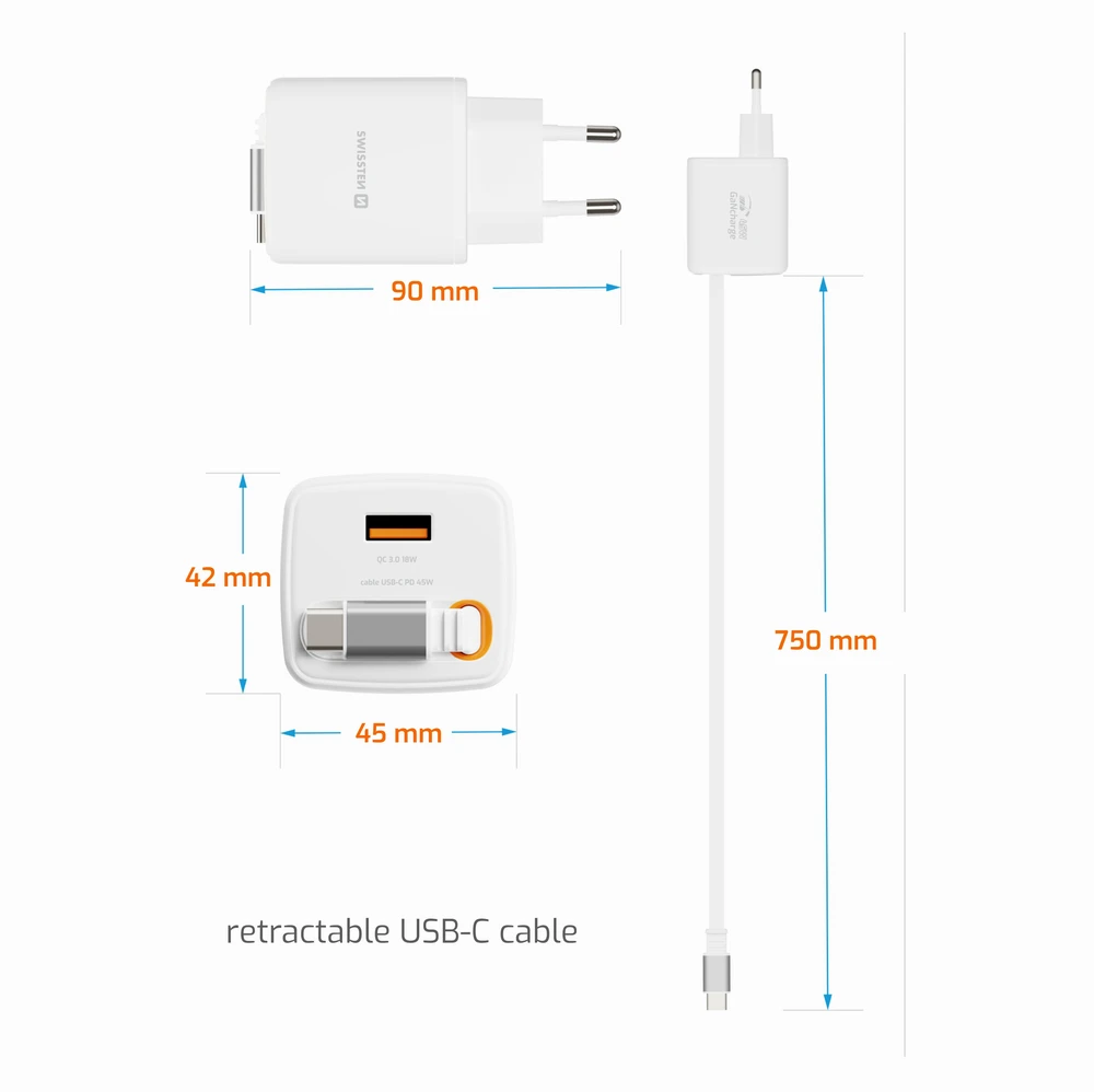 Įkroviklis Swissten SWISSTEN Adapteris sieciowy SlideCHARGE GaN 45W, 1 port, su kablem USB-C