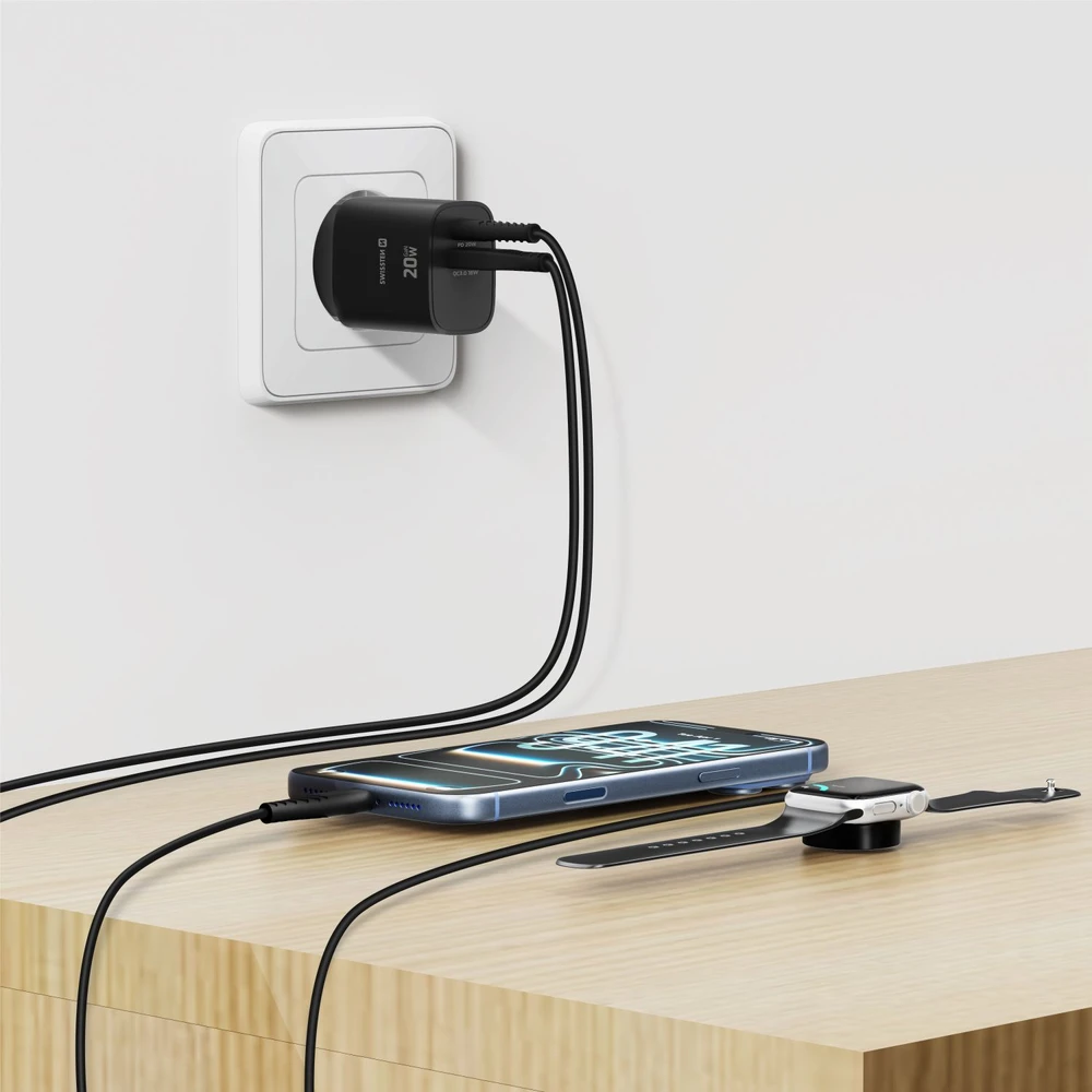 „Swissten Edge GaN“ kelioninis įkroviklis GaN USB-C PD 20W + USB-A 18W QC