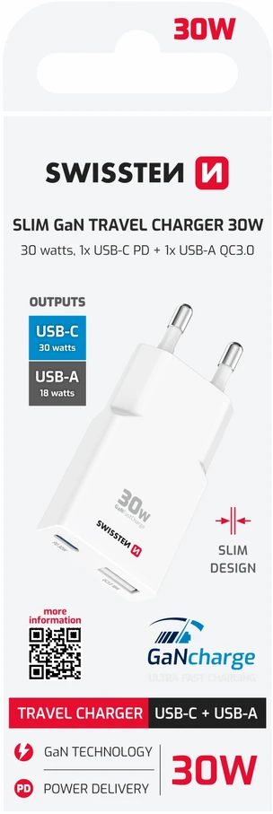 Swissten Plonas kelioninis GaN USB-C / USB įkroviklis 30 W