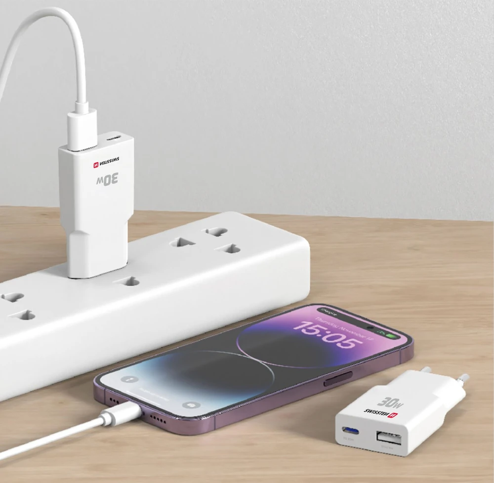 Swissten Plonas kelioninis GaN USB-C / USB įkroviklis 30 W