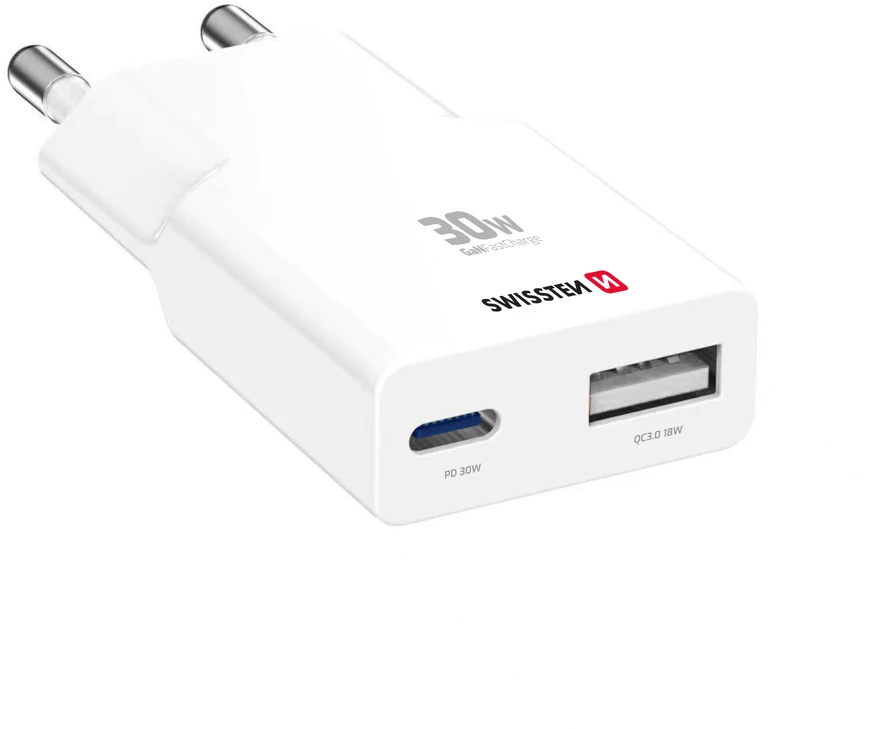 Swissten Plonas kelioninis GaN USB-C / USB įkroviklis 30 W