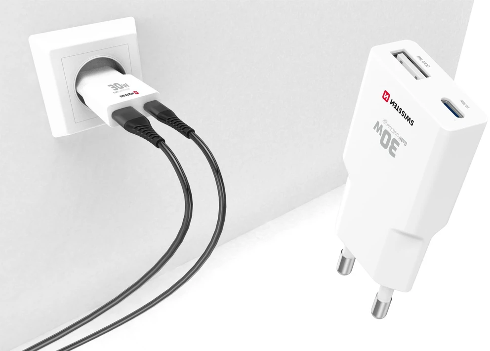Swissten Plonas kelioninis GaN USB-C / USB įkroviklis 30 W