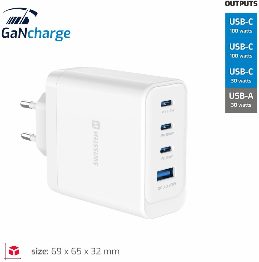 Įkroviklis Swissten SWISSTEN tinklo adapteris CORE GaN 100W, 4 prievadų, 2x USB-C PD 100W + 1x USB-C PD 20W + 1x US