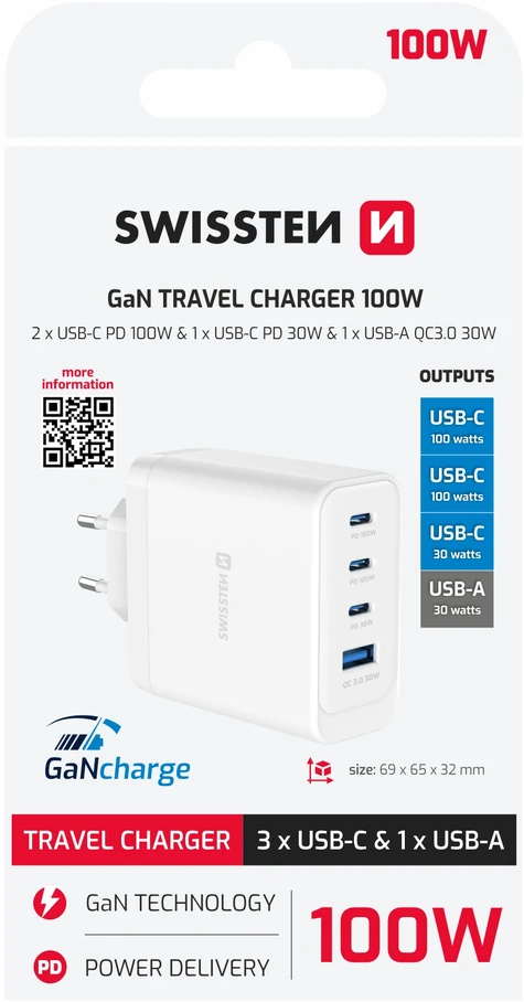 Įkroviklis Swissten SWISSTEN tinklo adapteris CORE GaN 100W, 4 prievadų, 2x USB-C PD 100W + 1x USB-C PD 20W + 1x US