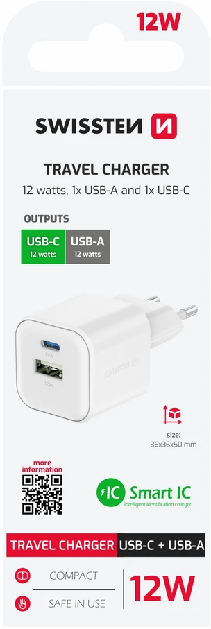 „Swissten“ kelioninis įkroviklis 12 W USB-C / USB-A