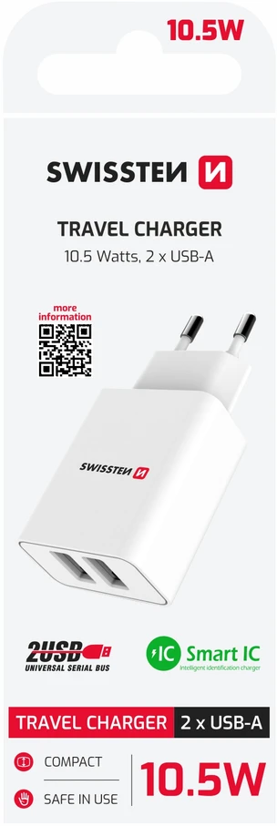 Swissten Travel Smart 2x USB 2.1A balta