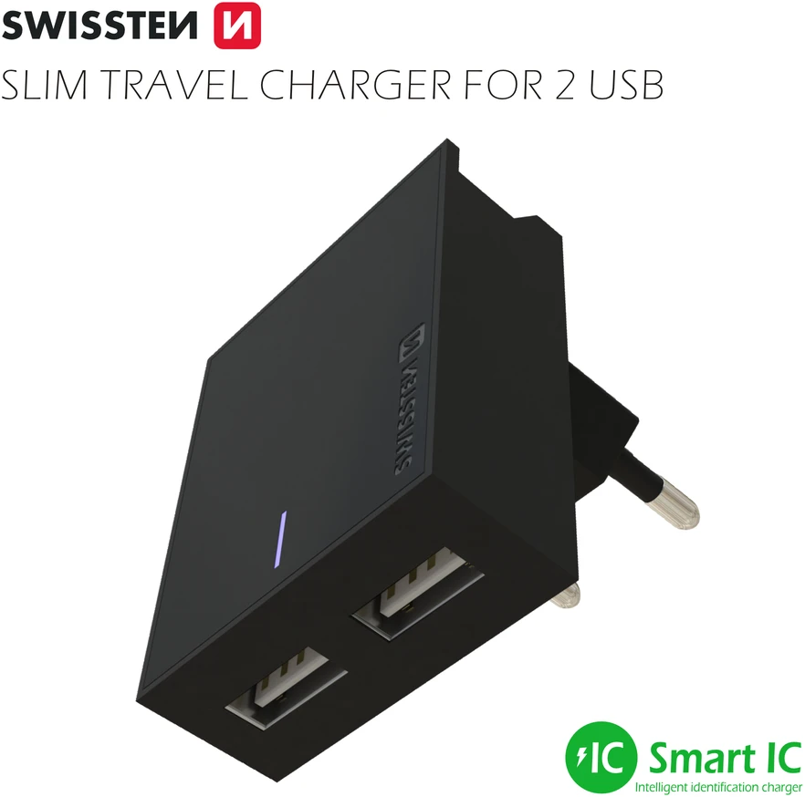 Phone Accessories Swissten Smart IC tinklo įkroviklio rinkinys 2xUSB 3A+Type C duomenų kabelis 1,2m, juodas