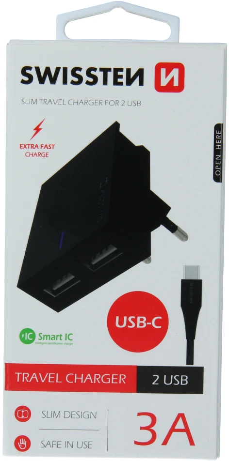 Phone Accessories Swissten Smart IC tinklo įkroviklio rinkinys 2xUSB 3A+Type C duomenų kabelis 1,2m, juodas