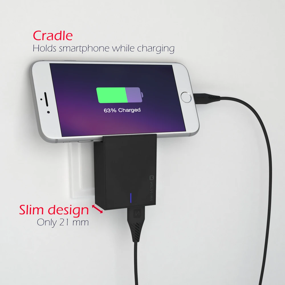Phone Accessories Swissten Smart IC tinklo įkroviklio rinkinys 2xUSB 3A+Type C duomenų kabelis 1,2m, juodas