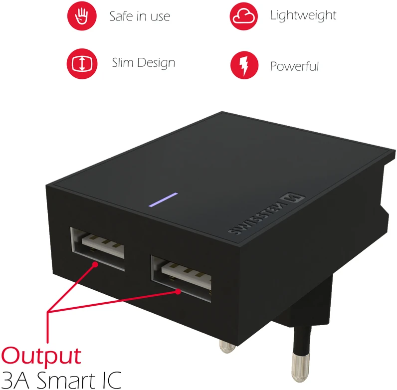 Phone Accessories Swissten Smart IC tinklo įkroviklio rinkinys 2xUSB 3A+Type C duomenų kabelis 1,2m, juodas