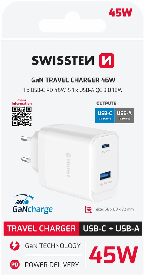 Įkroviklis Swissten SWISSTEN tinklo adapteris CORE GaN 45W, 2 prievadų, 1x USB-C , 1x USB-A