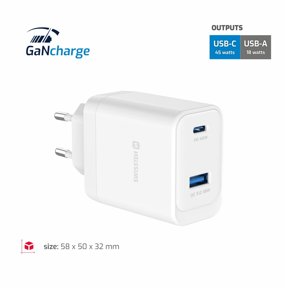 Įkroviklis Swissten SWISSTEN tinklo adapteris CORE GaN 45W, 2 prievadų, 1x USB-C , 1x USB-A