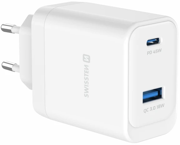 Įkroviklis Swissten SWISSTEN tinklo adapteris CORE GaN 45W, 2 prievadų, 1x USB-C , 1x USB-A