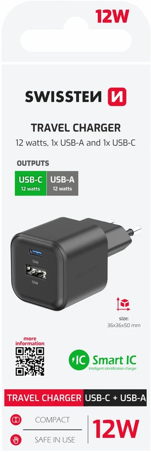 „Swissten“ kelioninis įkroviklis 12 W USB-C / USB-A
