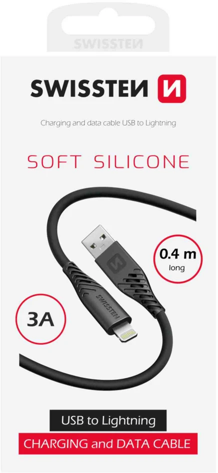 „Swissten“ minkštas silikoninis USB - „Lightning“ duomenų ir įkrovimo laidas, 0,4 m