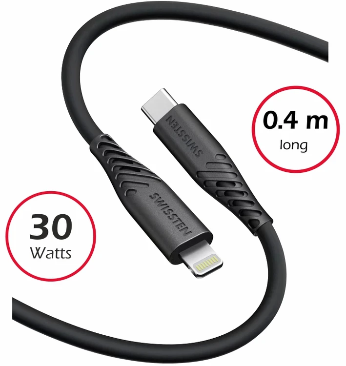 „Swissten“ minkštas silikoninis USB-C - „Lightning“ 30 W duomenų ir įkrovimo laidas, 0,4 m
