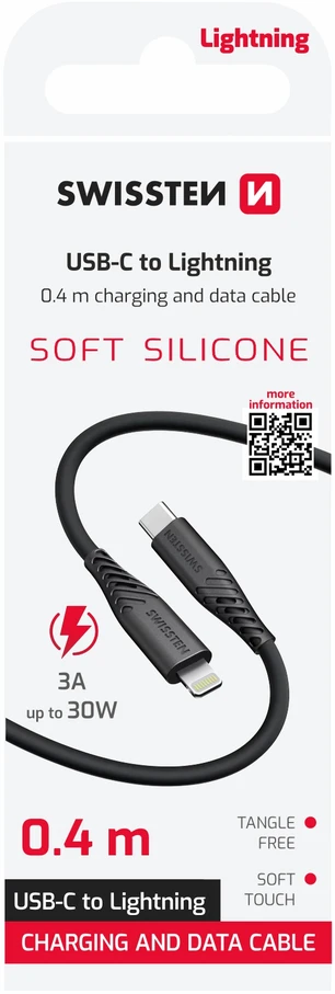 „Swissten“ minkštas silikoninis USB-C - „Lightning“ 30 W duomenų ir įkrovimo laidas, 0,4 m