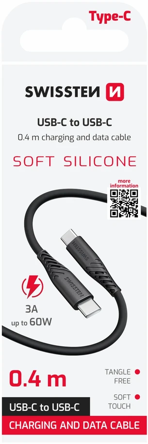 „Swissten“ minkštas silikoninis USB-C – USB-C 60W laidas, 0,4 m