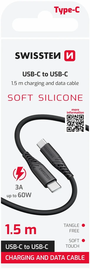 Swissten minkštas silikoninis 60 W duomenų kabelis USB-C – USB-C 1,5 m