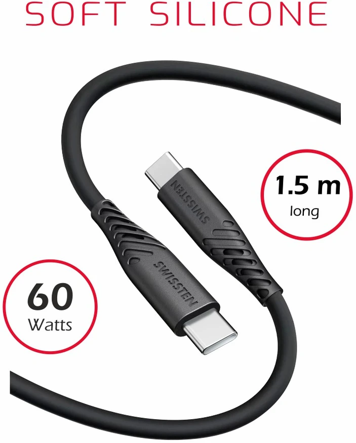 Swissten minkštas silikoninis 60 W duomenų kabelis USB-C – USB-C 1,5 m