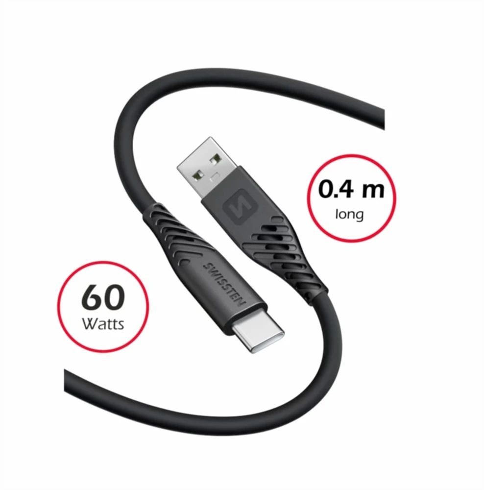 SWISSTEN SOFT SILICONE datový kabelis USB - USB-C 0.4m juoda