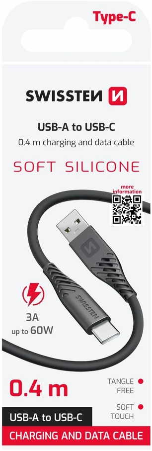 SWISSTEN SOFT SILICONE datový kabelis USB - USB-C 0.4m juoda