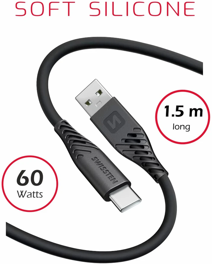 Swissten minkštas silikoninis duomenų kabelis USB / USB-C / 1,5 m / 60 W