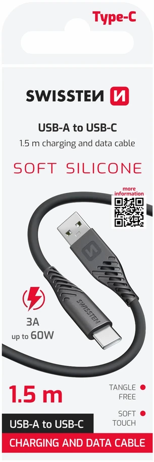Swissten minkštas silikoninis duomenų kabelis USB / USB-C / 1,5 m / 60 W
