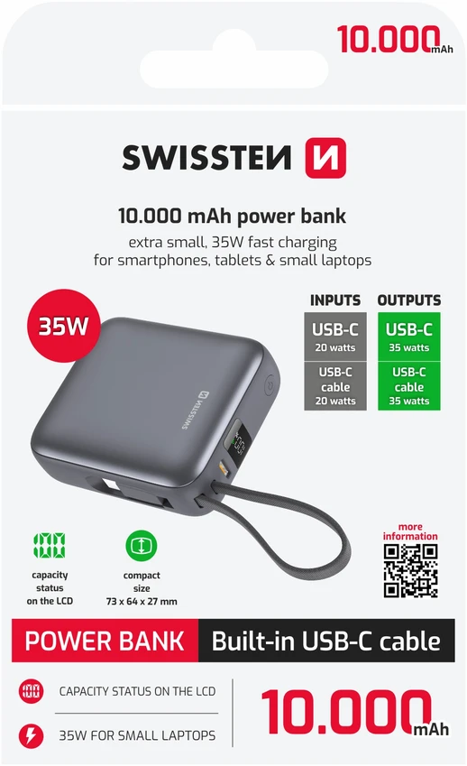 Powerbank Swissten Swissten SPACE Power Bank Universal External Baterija Built-in USB-C Cable 35W / 10000 mAh Sidabrinis