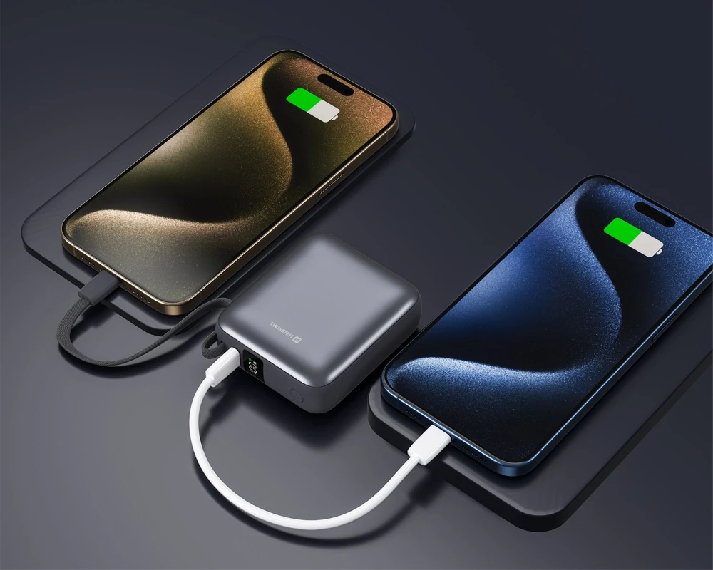 Powerbank Swissten Swissten SPACE Power Bank Universal External Baterija Built-in USB-C Cable 35W / 10000 mAh Sidabrinis