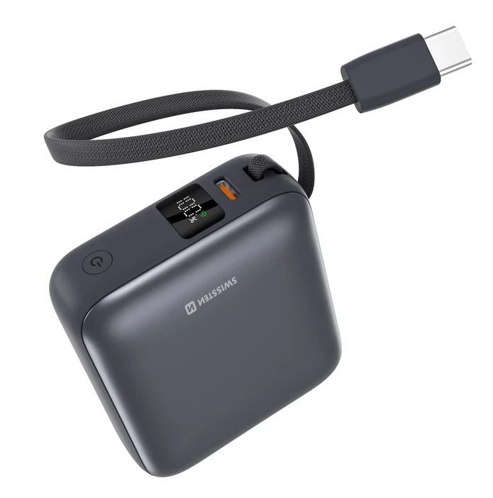 Powerbank Swissten Swissten SPACE Power Bank Universal External Baterija Built-in USB-C Cable 35W / 10000 mAh Sidabrinis
