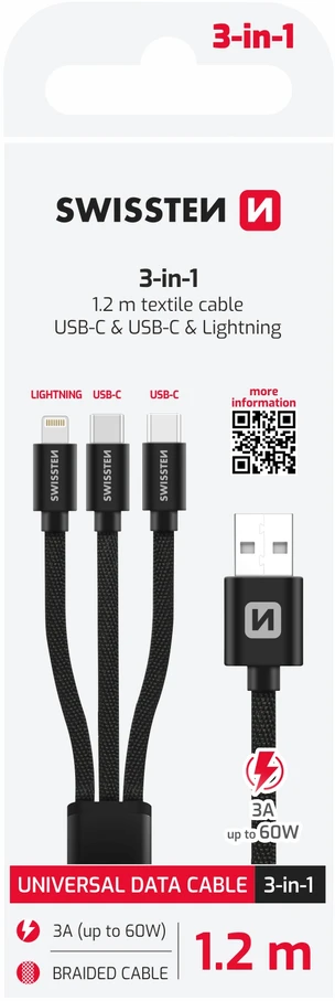 Swissten 3in1 Textile Data Cable 1,2m