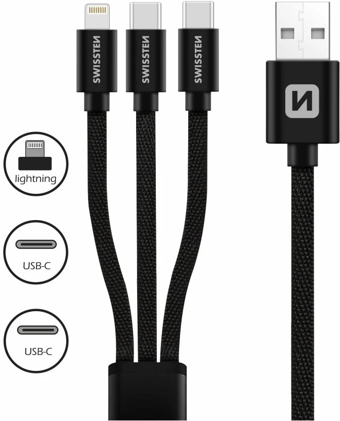 Swissten 3in1 Textile Data Cable 1,2m