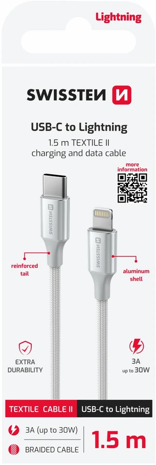 SWISSTEN TEXTILE II duomenų kabelis USB-C – žaibiškas 1,5 m baltas