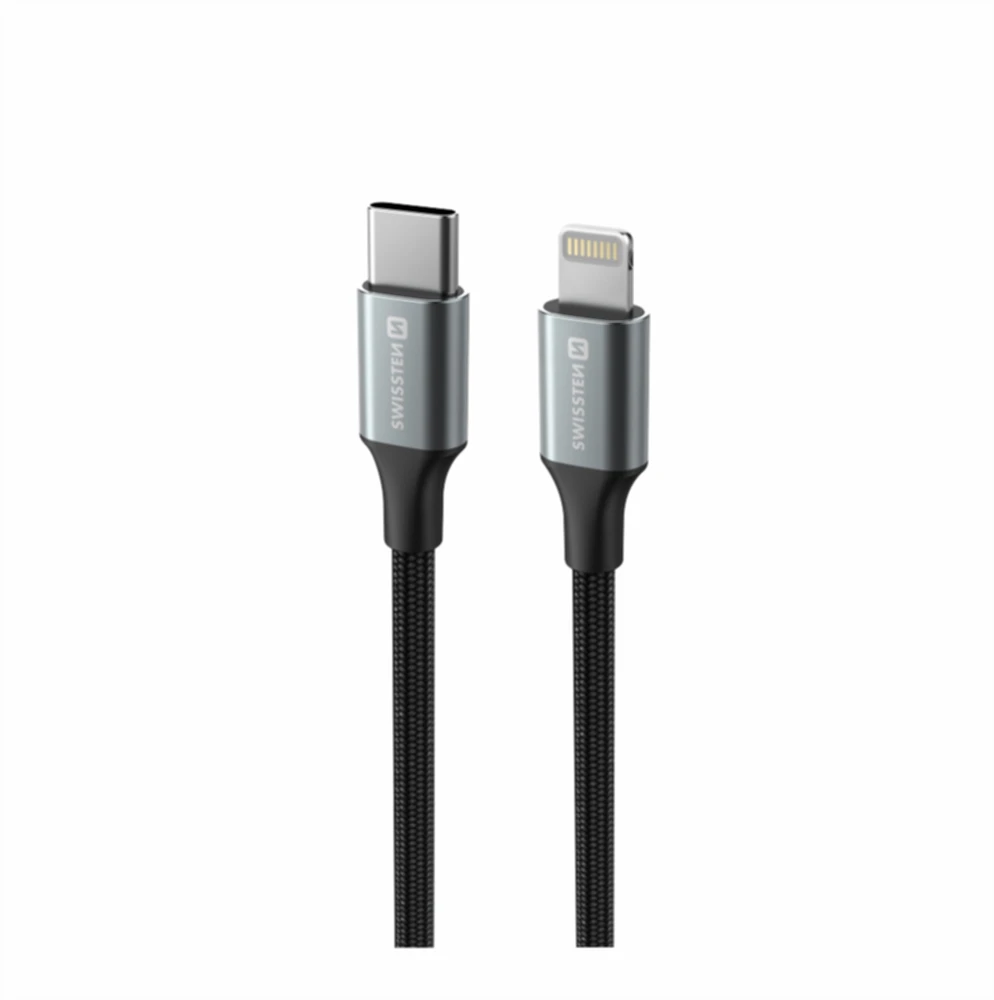 SWISSTEN TEXTILE II datový kabelis USB-C - Lightning 1.5m juoda