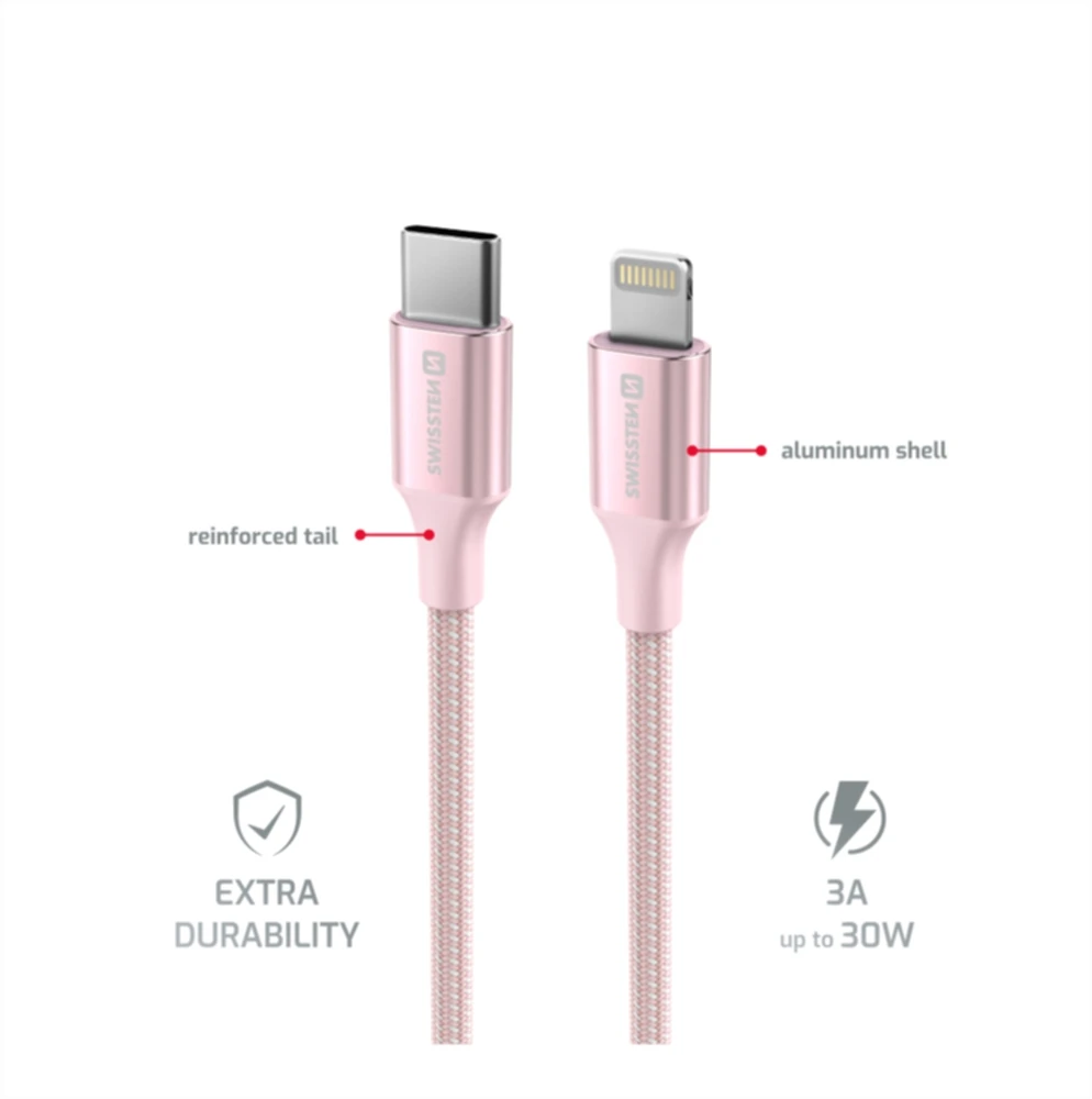 SWISSTEN TEXTILE II duomenų kabelis USB-C – žaibiškas 1,5 m rožinis