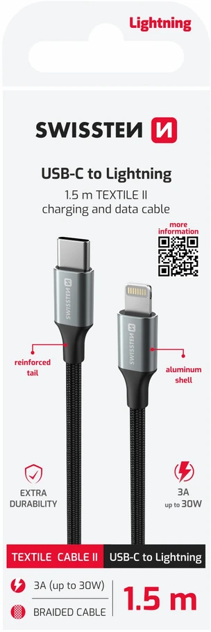 SWISSTEN TEXTILE II datový kabelis USB-C - Lightning 1.5m juoda