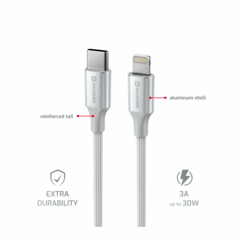 SWISSTEN TEXTILE II duomenų kabelis USB-C – žaibiškas 1,5 m baltas