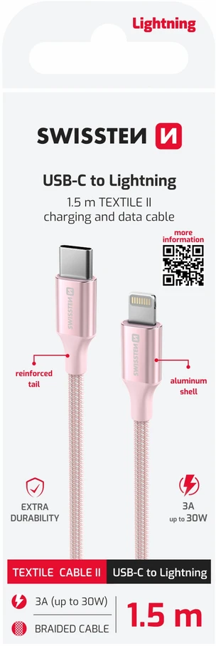 SWISSTEN TEXTILE II duomenų kabelis USB-C – žaibiškas 1,5 m rožinis