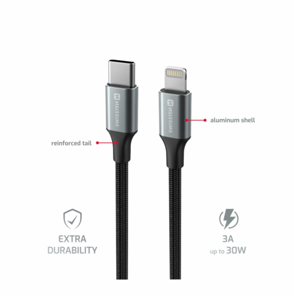 SWISSTEN TEXTILE II datový kabelis USB-C - Lightning 1.5m juoda