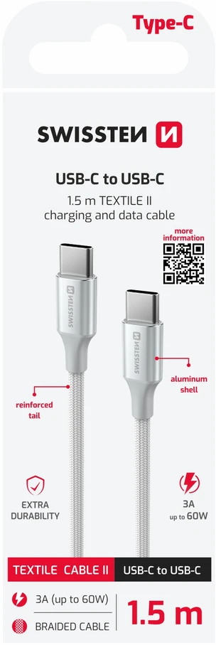 SWISSTEN TEXTILE II duomenų kabelis USB-C - USB-C 1,5 m baltas