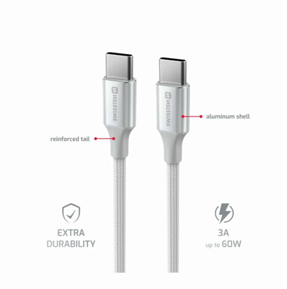 SWISSTEN TEXTILE II duomenų kabelis USB-C - USB-C 1,5 m baltas